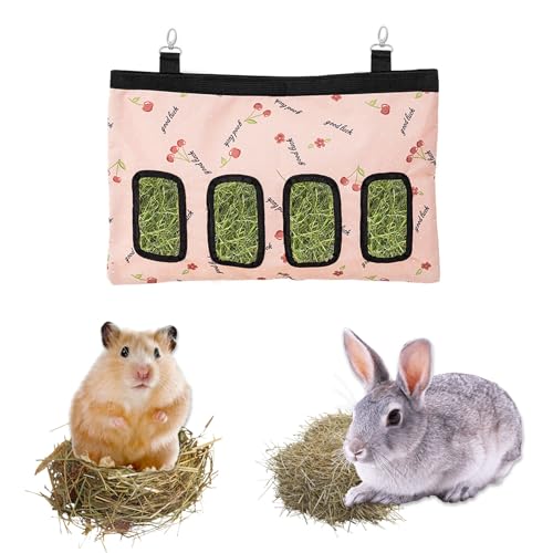 1 Stück Kaninchen Heutasche, Meerschweinchen Futterstation, Futterspender Kleintiere, 4 Löcher Hängender Heutasche, Kleintiere Heutasche, Futtersack für Hase Chinchilla Hamster Kleine Tiere, Rosa