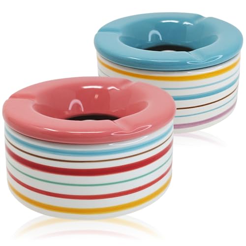 com-four® 2x Windaschenbecher XL - Großer Aschenbecher aus Porzellan - Premium Sturmaschenbecher mit farbigen Streifen - 13,5 x 7 cm (2 Stück - pink/blau)