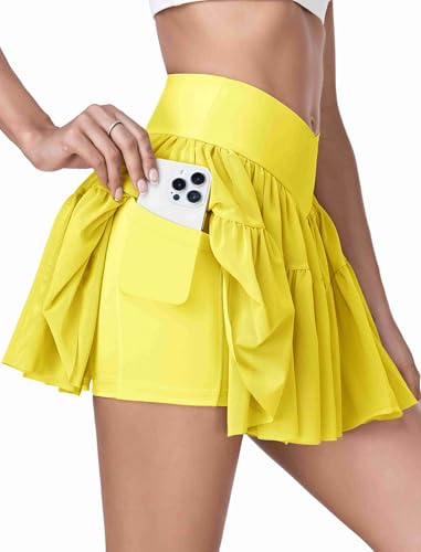 IDOPIP Tennisrock Damen Faltenrock Crossover Skort mit Hose Drunter Hohe Taille Golfrock Skirt Sport Rock Sommerrock Hosenrock Workout Minirock Für Sport Radfahren Wandern Laufen Yoga gelb S