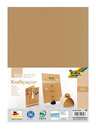 folia 691/4/98 - Kraftpapier natur, 120 g/m², DIN A4, 100 Blatt, zum individuellen Basteln und Gestalten von Grußkarten, Einladungen, Tischkarten, uvm.