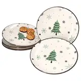 MamboCat 6er Set Weihnachtsbaum Kuchenteller I 6 Personen I Gebäckteller für Weihnachten mit Tannenbäumen & Schneeflocken I Plätzchen, Kekse I Christmas-Frühstücks- oder Dessertteller flach I Steingut