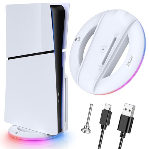 Auarte RGB LED Vertikale Ständer für PS5 Slim Zubehör mit 14 Lichtmodi, Upgraded Standfuß Halterung für Playstation 5 Slim Konsole Disc/Digital mit Schraube ＆ USB C Kabel - Nicht für PS5 Konsole