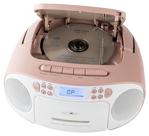 Reflexion RCR2260 CD-Player mit Kassette und Radio für Netz- und Batteriebetrieb (PLL UKW-Radio, LCD-Display, AUX-Eingang, Kopfhörer-Anschluss), weiß/rosa