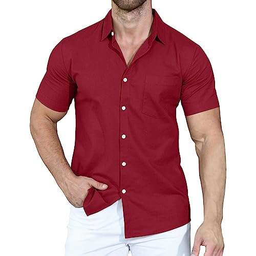 Hehiy Herren Kurzarm Bügelfrei Stretch Sommerhemd Hemden Druckknöpfe Stehkragen Leicht Luftig Leinenhemd Hemd Baumwolle Modern Comfort Herrenhemd Kurzarmhemd Hemd Rot WeißEs Hemd MäNner Billig