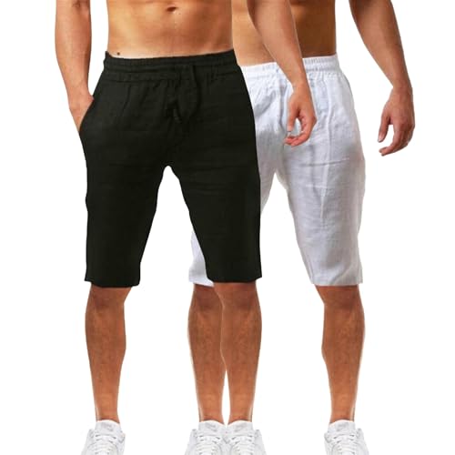 Herren-Sommer-Shorts aus Baumwoll-Leinen, Freizeit-Shorts, Multipack, einfarbig, bequem, kurz, modisch, täglich, kurz, weich, Laufhose, leicht, einfache Hose, 2er-Pack, knielang, lange Hosen, B, L