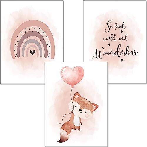 artpin® Poster Kinderzimmer, 3er Set Bilder Babyzimmer Mädchen, Altrosa Luftballon Regenbogen Fuchs K3