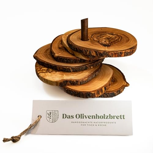 DAS OLIVENHOLZBRETT® Untersetzer aus hochwertigem Olivenholz natürlich und rustikal/Untersetzerset für Gläser aus Olivenholz / 6 teilig/Untersetzer aus Holz für Gläser