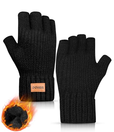 DOVAVA Handschuhe Fingerlos Herren Damen,Winterhandschuhe Touchscreen,Thermo Halbfinger Strickhandschuhe mit Weichem Innenfutter für Laufen Radfahren Freizeit Outdoor (Schwarz