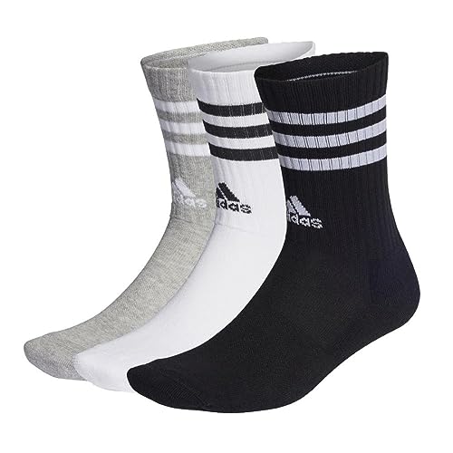 adidas Unisex 3-Stripes Cushioned Crew Socks 3 Pairs, Medium Grey Heather/White/Black/White, 40-42