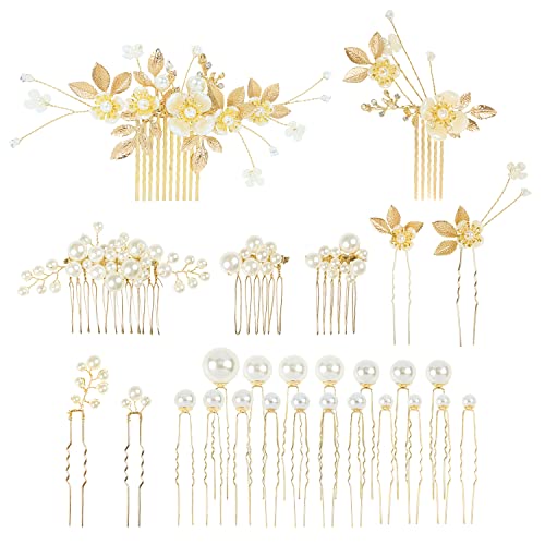 Cinaci 27 Stück glitzernde goldfarbene Strass-Perlen Blatt Blume Braut Metall Seitenkämme + U-förmige Haarnadeln Clips Haarspangen Kopfschmuck Hochzeit Haarschmuck für Frauen Braut Brautjungfern