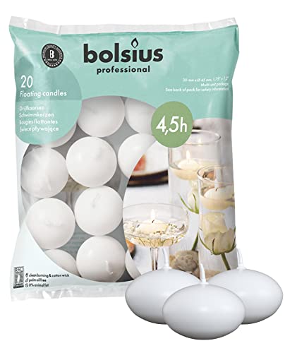 Bolsius - Schwimmkerzen - Weiß- 20 Stück - im Beutel - Länge Brenndauer 4,5 Stunden - 4,5 x 3 cm - Unparfümierte - Natürliches Pflanzenwachts - Ohne Palmöl