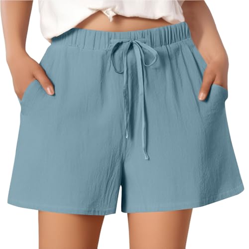 Damen Leinen Musselin Kurze Hose Elastische Taille Stretch Gerades Bein Beach Shorts Sommer Lässige Stretch Yoga Sporthose Türkis S