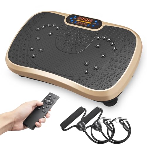 Dripex Vibrationsplatte, 3D Trainingsgerät mit 99 Vibrationsstufen, Fitnessgeräte für Zuhause, Ganzkörpertraining und Muskelaufbau, 5 Trainingsprogramme, Bluetooth Lautsprecher, Trainingsbänder