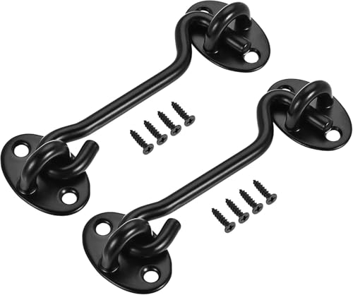 ORTAVA 2 Stück Sturmhaken Edelstahl, 4 Zoll/100 mm Sturmhaken mit öse, Tuerriegel, Türhalter, Fensterhaken für FensterläDen, Scheunentor, Gartentor, Garagentor mit 8 Stück Schrauben (Schwarz)