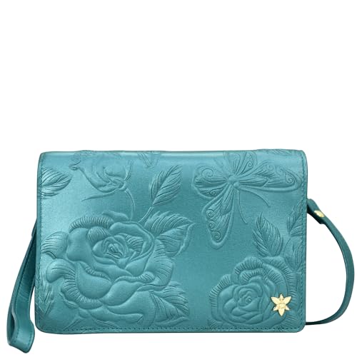 Anuschka 4-in-1 Damen Crossbody Leder Organizer-Umhängetasche, handbemalt - Tooled Rose Teal