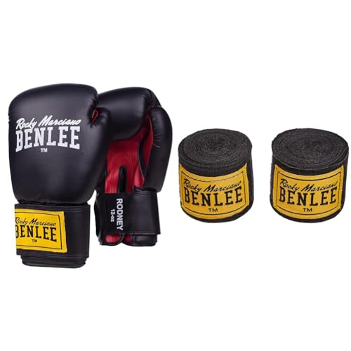 BENLEE Boxhandschuhe aus Artificial Leather Rodney Black/Red 14 oz & Streifen Boxbandagen elastisch 450 x 5 cm schwarz