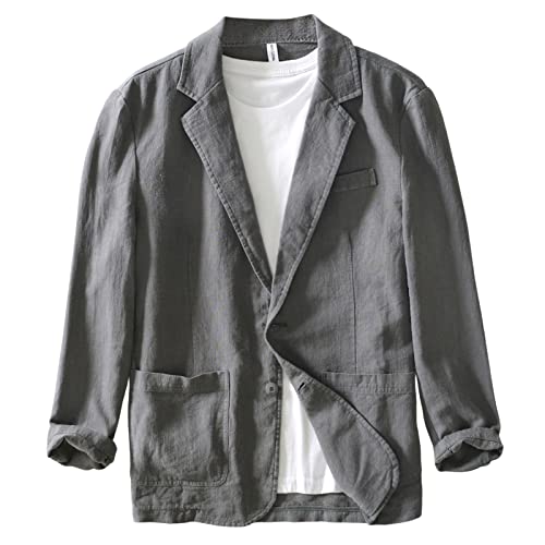 Icegrey Sakko Herren Baumwoll Leinen Regular Fit Schalkragen Anzugjacke 2 Knopf Jacke für Hochzeit Freizeit, Grey, S