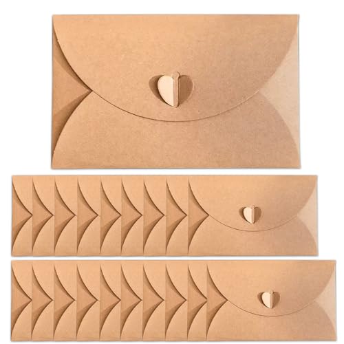 Mini-Umschläge aus Kraftpapier, Umschläge mit Herzsiegel, kleine Umschläge, Umschläge für selbstgemachte Dankeskarten, Einladungen, Dankesbriefe, Geburtstagskarte, 20 Stück