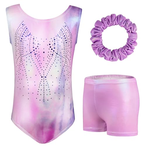 AOOWU Mädchen Dreiteilige Gymnastikanzüge, Gymnastikanzug Mädchen, Ärmelloser Gymnastikanzug mit Shorts und Haarband, Ballett Tanzender Leotard Gymnastik Outfit für Gymnastik, Wettkampf(130 code)