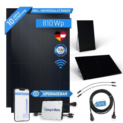 flex-energie Balkonkraftwerk Komplettset I 810Wp Solarmodul, Hoymiles HMS-800W-2T Wechselrichter, Universalaufständerung & 5m Kabel I Stromkosten-Einsparung & Energiegewinnung auf Flachdach & Balkon