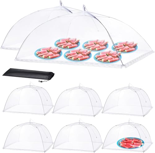 HOMKULA Fliegenhaube für Lebensmittel – Faltbarer Fliegenschutz für Essen und Obst – Abdeckung gegen Fruchtfliegen – Pop-Up Design – 2 Extra Groß (102 x 63 cm) & 6 Groß (43 x 43 cm)（Polyester &Metall）