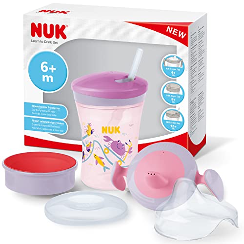 NUK 3-in-1 Trinklernset mit Trainer Cup Schnabeltasse (6+ Monate), Magic Cup 360° Trinklernbecher (8+ M) & Action Cup Trinkflasche Kinder (12+ M) | 230 ml | BPA-frei | lila Krabbe