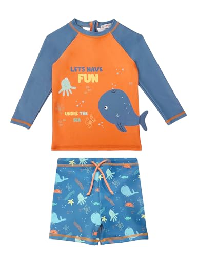 weVSwe Badeanzug Baby UV Schutz 50+ Schwimmanzug Baby Junge Zweiteilig Bade-Set Zweiteilig Badeshorts Blauer oranger Wal 2 Jahre