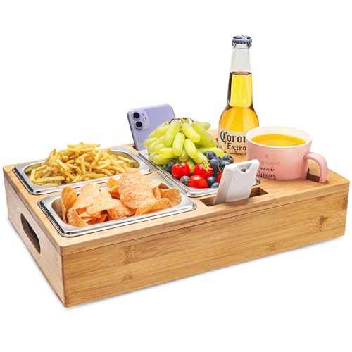 Couchbar Snackbox, Snackspender mit 3X Snackschalen, Abnehmbarer Deckel, Sofatablett aus Holz, Couch Bar mit Getränkehalter, Snackbox mit Fächern, Couch Organizer Tablett, Sofa Butler