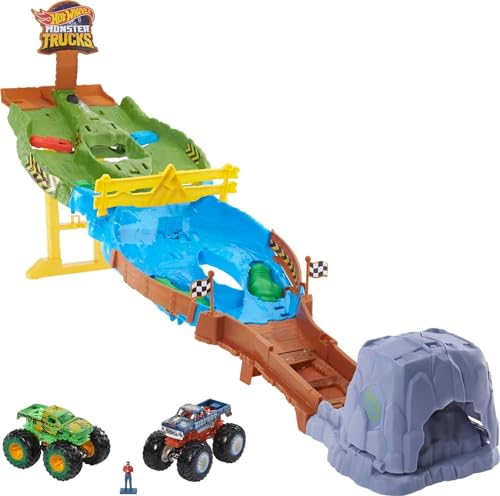 Hot Wheels HJG32 - Monster Trucks Rennstrecke Spielset mit den Monster Trucks Bigfoot und Gunkster für Kopf-an-Kopf-Rennen, Autospielzeuge für Kinder ab 4 Jahren