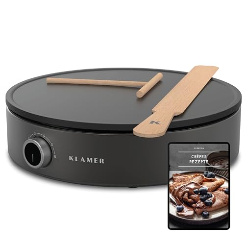 KLAMER Crepes Maker, Große Backfläche mit 33cm Ø, antihaftbeschichtete Platte, inkl. Teigverteiler und Wender aus Holz, Crepes Eisen für Crepes, Pancakes & Tortilla, 1500W