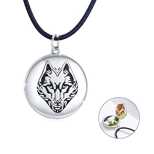 REDSUN Wolf Kopf Medaillon Halskette 925 Sterling Silber Foto Amulett Halskette Amulett Medaillon mit Foto Wolf Halskette Amulett Schmuck Geschenke für Männer Frauen