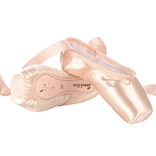 Soudittur Ballett Spitzenschuhe Satin Tanzschuhe Rosa Ballerinas mit Aufgenähten Bändern und Spitzenschoner für Damen Mädchen EU 39