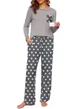 Namatime Schlafanzug Damen Lang Pyjama Damen Baumwolle Print Schlafanzüg Loungewear Winter Langarm Nachtwäsche mit Taschen Grau Stern L