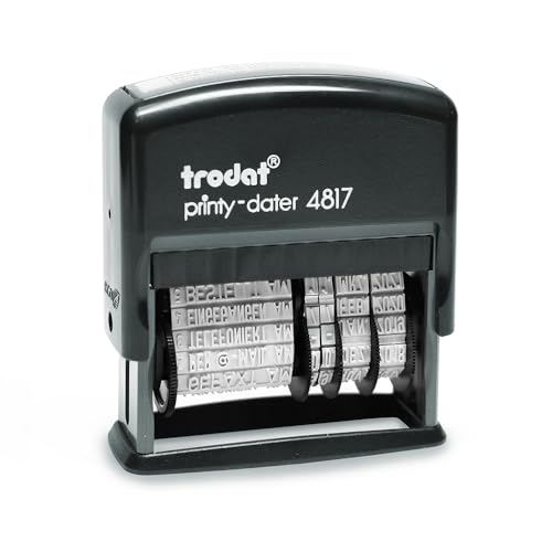 Trodat Printy 4817 Wortbandstempel mit Datum in Schwarz, 12 Office-Texte durch Drehen wechselbar, Deutsch, Schrifthöhe 3,8 mm, Abdruck 47x4 mm, Stempelkissen schwarz, selbstfärbend