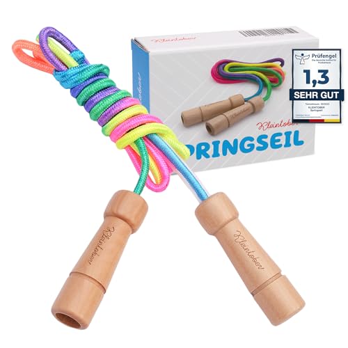 KLEINTOBER premium Springseil Kinder Hüpfseil Set Seil mit Mitteverstärker 220cm verstellbar Rainbow Anleitung für Seilspringen I Urkunde für Motivation ideal als Geschenk, Baumwolle, Holz