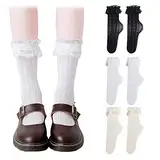 Meifiyu 3 Paare Spitzen Rüschen Socken,Söckchen mit Rüschen,Spitzen Knöchel Socken Rüschen Trachtensocken Damen,Spitzensocken,Dirndl Socken Damen,für Gothic Kleidung Damen,Coquette Cothes