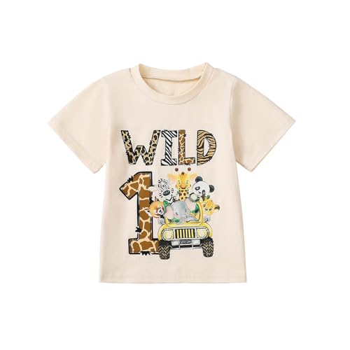 Baby Junge 1. Jahr Geburtstags T-Shirt Wild One Kurzarm Oberteil Baby Mein Erster Geburtstags Outfit Sommer Kleidung (Wild 1 Tiere Khaki, 12-24 Months)