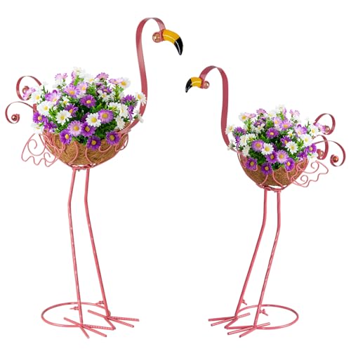 SIFOEL Metall Flamingo Pflanzgefäße, Satz von 2 rosa Flamingo Blume Pflanze Töpfe mit Korb für den Innenbereich im Freien Garten Hof Terrasse Veranda Dekor