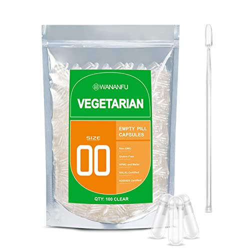 WANANFU Vegane Leerkapseln Größe 00 (100 Stück) Bundle mit 2 Mikrolöffeln, leere Kapseln zum Befüllen, Kompatibel mit Kapselfüller Größe 00