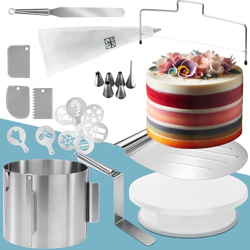 Torten-Zubehör-Set mit Tortenring verstellbar hoch, Tortenschneider, Tortenheber, Streichpalette, Winkelpalette, Tortenplatte drehbar, Teigschaber, Spritzbeutel, Spritztüllen-Set, Torten-Schablonen