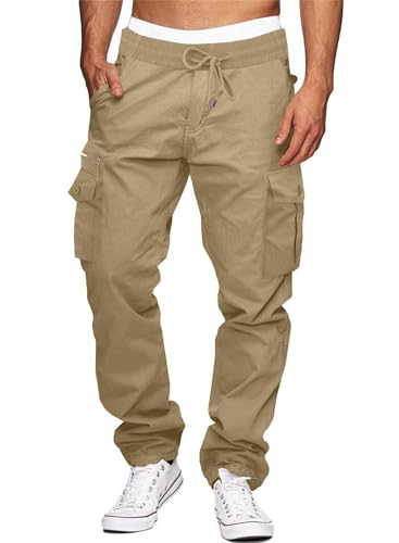 Elegancity Cargohose Herren Outdoorhose mit 7 Taschen Männer Lange Baggy Hose Pants für Sport Wandern Khaki M