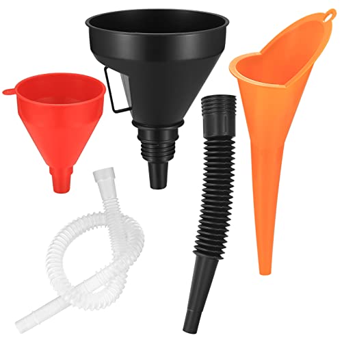 3 Stück Einfülltrichter Set, rechtwinkliges flexibles Kunststoff Trichter Set, Universal Auto Benzin Kraftstoff Trichter mit abnehmbarem Auslauf und langen Trichtern – Rot/Orange/Schwarz