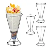 Relaxdays Pommeshalter, 4er Set Pommestütenhalter aus Edelstahl, HxD 16 x 9,5 cm, Spitztüten-Ständer für Pommes, Silber