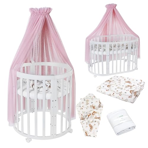 Waldin Oval Baby-Bett Mitwachsend Komplett Set 7in1, Gitterbett, Kinderbett mit Matratze, Wickelkommode, Beistellbett, Holz Weiß, Stoffe Rosa Tiere