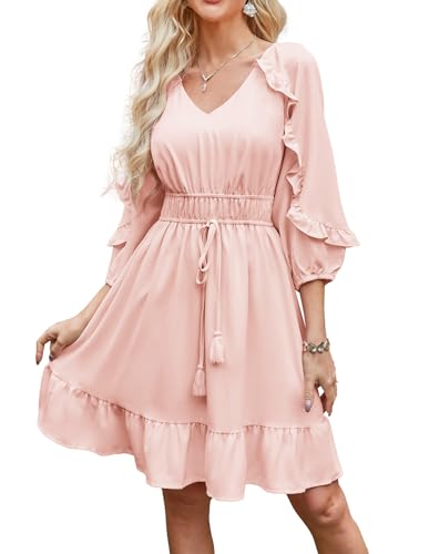 Damen Casual Freizeit Swing Kleid Daily Rüschen Sommer Kleider Rosa L