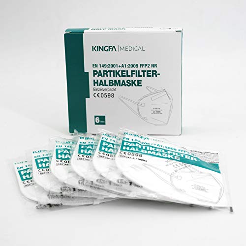 KINGFA FFP2 6er Box CE0598 Apothekenversion Einzelverpackt Atemschutzmaske mit Ohrschlaufen, Box à 6 Masken einzeln verpackt, NR EN149:2001+A1:2009