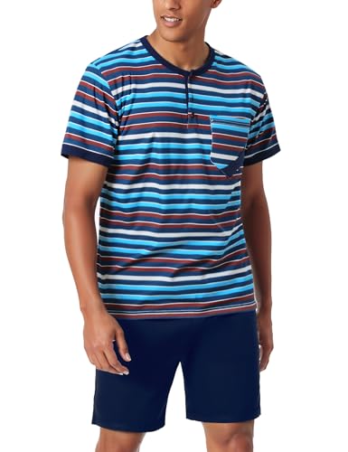 Jezonga Herren Schlafanzug Kurz Baumwolle Nightwear Set Pyjama Shorty Sommer Schlafanzüge Männer Kurzarm Nachtwäsche mit Knopfleiste A#Blau XXL