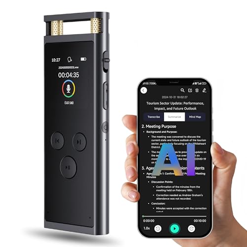 Digitales Diktiergerät mit APP für Sprach-zu-Text-Transkription, GPT-4o-Zusammenfassung, Mind Mapping, Wiedergabe-Unterstützung, Sprachaktivierung, 64 GB Diktiergerät aus Aluminiumlegierung, Space