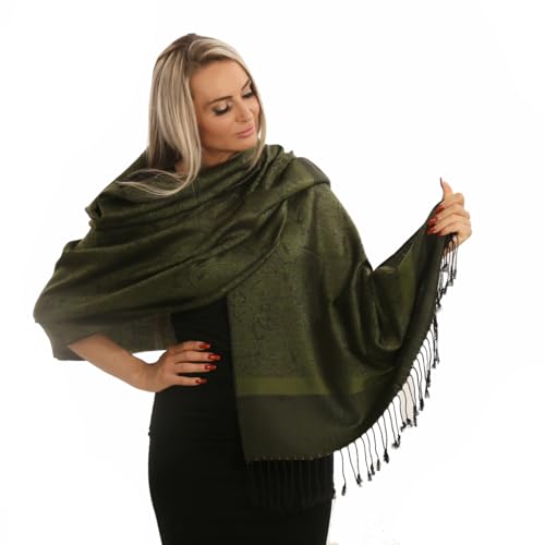 PashminaShine-Schal-Weich Wie Kaschmir Und leicht wie Seide-Mit Paisley motiv-Pashmina-Schal Damen-Schal Herren-200 * 70 cm-Schal Winter-Jaquard-Wrap-Schals und Tücher für Damen (Moos Grün-)