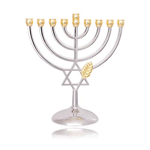Eine Elegante Menora mit Davidstern (Chanukkia BZW. der Chanukkaleuchter) aus Messing in Silber, 9 Armen. Höhe - 16 cm, Breite - 18 cm. Aus Israel
